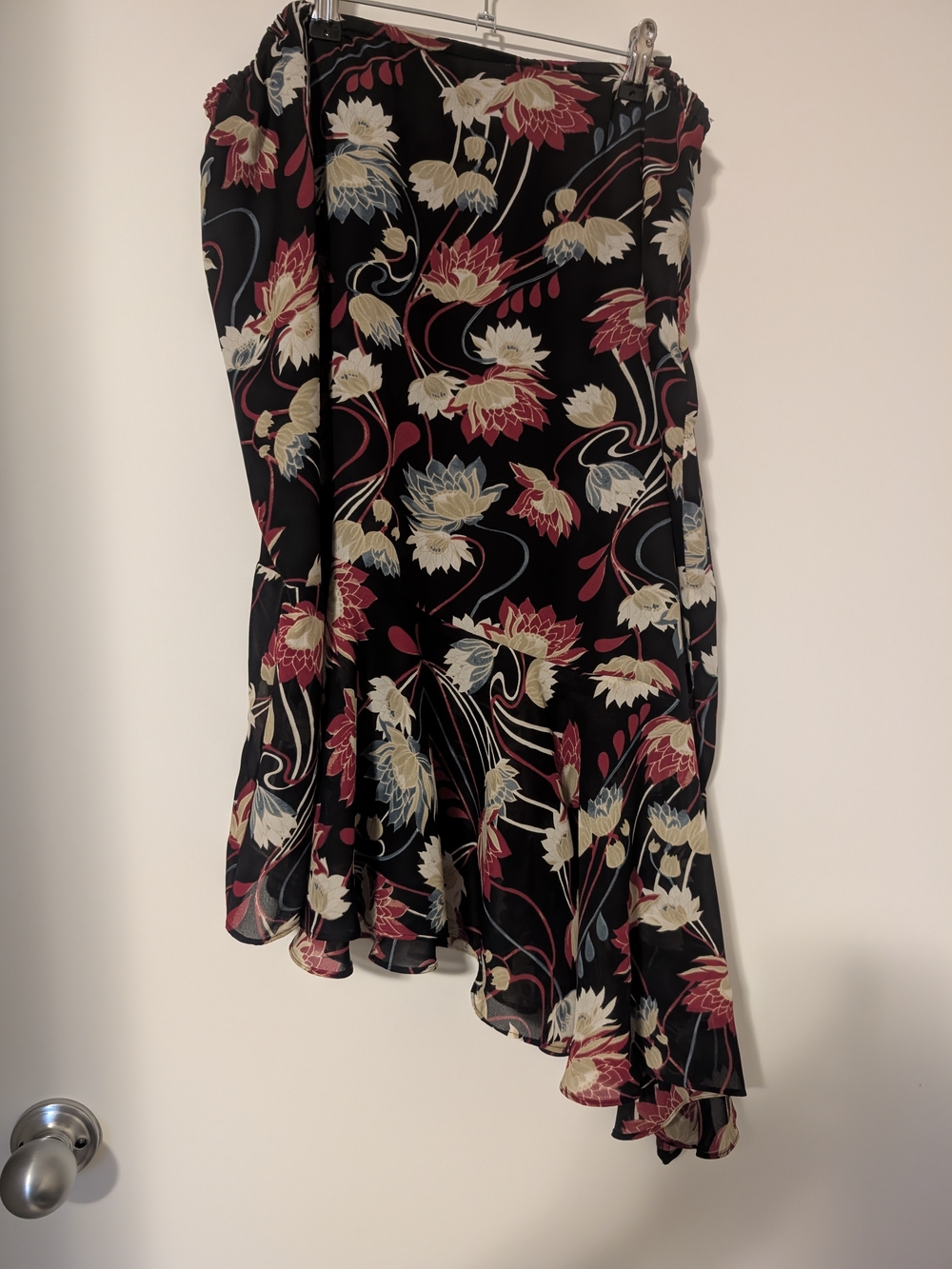 Floral Black Midi Skirt with Pink & Cream Blooms